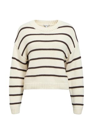 Suéter color crema con rayas horizontales marrón oscuro. Textura tejida, cuello redondo y diseño recortado. Puños y dobladillo acanalados.