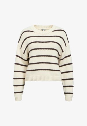 Creamfarvet sweater med mørkebrune, vandrette striber. Strikket tekstur, rund halsudskæring og cropped design. Ribstrikkede ærmekanter og kant nederst.