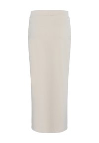 Beige midi-hame, joka muotoutuu vartalon mukaan, valmistettu pehmeästä ja joustavasta kankaasta. Siinä on sileä rakenne ja yksinkertainen, ilman koristeita oleva muotoilu, jossa on takareuna.