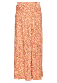 Kevyt maxi-hame, jossa on punaisen ja oranssin tausta sekä vaaleanpunainen ja valkoinen kukkakuosi. Hameessa laskostettu malli.