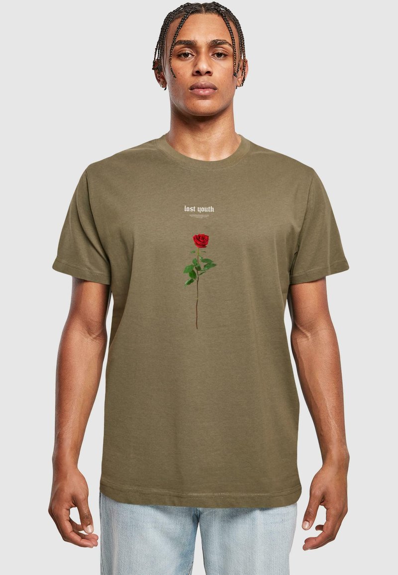 Olive green short-sleeve T-shirt featuring a red rose graphic with green leaves and the text "lost youth" above in a light font. Casual fit.