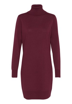 Bordeaux turtleneck mekko, neulekangasta, pitkät hihat, ribbaatut hihansuut ja helma, hieman rento malli, yksivärinen ilman kuvioita tai koristeluja.