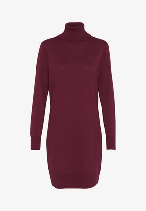 Bordeauxfarbendes Rollkragenpulloverdress, Strickstoff, lange Ärmel, gerippte Bündchen und Saum, leicht lockere Passform, einfarbig ohne Muster oder Verzierungen.