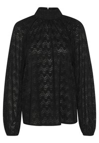 Black lace blouse featuring a high collar, long sleeves, and a textured zigzag pattern. The fabric has a sheer quality and is flowy.