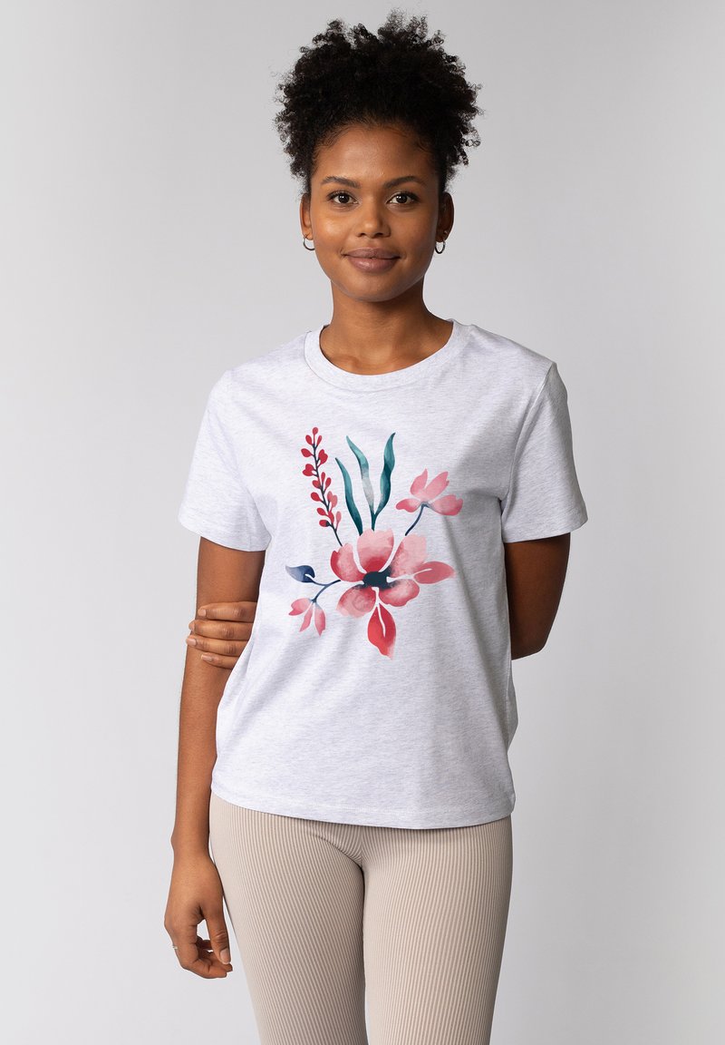 Graues Baumwoll-T-Shirt mit einem pinken und türkisfarbenen floralen Design. Kurze Ärmel, runder Halsausschnitt und lockere Passform. Angenehme Textur.