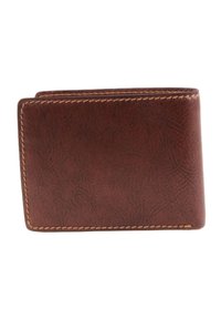 Portafoglio in pelle marrone con superficie texturizzata, dettagli cuciti e design pieghevole. Forma compatta adatta per carte e contante.