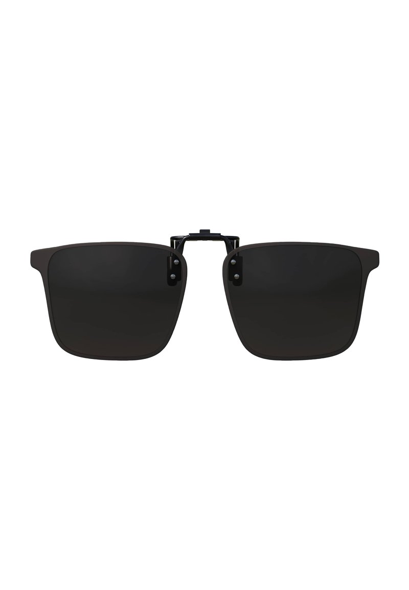 Black sunglasses with square lenses, metal bridge, and sleek black frames. Smooth texture and minimalistic design.