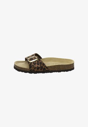 Single brown sandal with leopard print strap and gold buckle, cork footbed, and black textured sole, shown from the side on a white background.