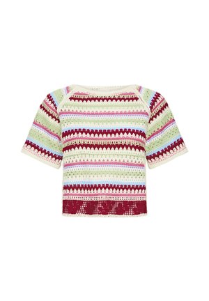 Haut en maille crochet à manches courtes avec rayures horizontales en bordeaux, vert pâle, rose, bleu et crème, doté d'un ourlet festonné.