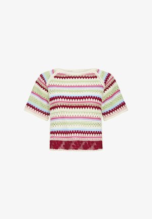 Īsām piedurknēm adīts tamborēts tops ar horizontālām svītrām bordo, gaiši zaļā, rozā, zilā un krēmkrāsā, ar viļņotu apakšmalu.