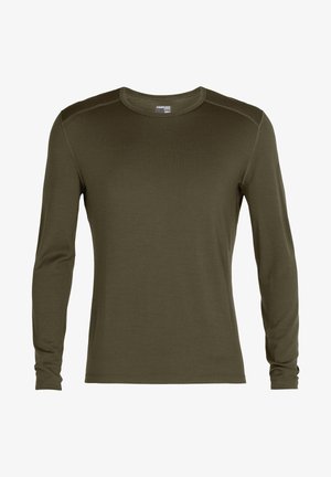 Long-sleeve shirt in dark green, made from soft fabric. Features a rounded neckline and straight cut with subtle seam detailing.