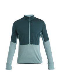 Sudadera de manga larga con cuello de cremallera en un degradado de verde oscuro a azul claro. Tejido suave y texturizado con secciones superiores e inferiores en contraste.