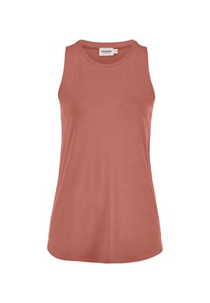 Dames tanktop zonder mouwen in een gedempte terracotta kleur met een ronde halslijn en een merklabel aan de achterzijde van de kraag.