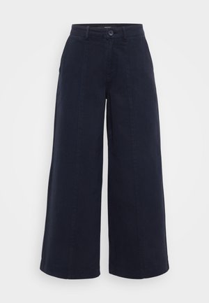 Granatowe spodnie w kant o szerokich nogawkach, wykonane z mieszanki bawełny, z wysokim stanem, fałdami z przodu i zapięciem na jeden guzik. Prosty i elegancki design.