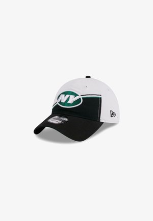 Black and white cap featuring a green NY logo, curved brim, and stitching details. Made from fabric with a structured design.
