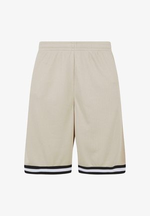 Smėliniai tinkleliai šortai su elastinga juosmena, turintys juodos ir baltos spalvų juostelių akcentus apatinėje dalyje. Medžiaga yra kvėpuojanti.