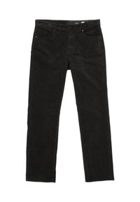 Pantalons en velours côtelé noir avec une coupe jambe droite, comportant deux poches avant, une fermeture à bouton et une texture subtile grâce à son tissu nervuré.