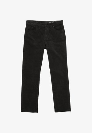 Pantaloni in corduroy neri con design a gamba dritta, dotati di due tasche anteriori, chiusura a bottone e una sottile texture data dal tessuto rigato.