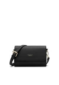 Borsa a tracolla in pelle nera con superficie texturizzata, chiusura dorata e tracolla regolabile. Presenta una chiusura a patta e il logo del marchio sul fronte.