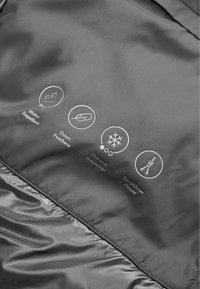 Ikony odzieży: wodoodporność, wypełnienie piórami, izolacja termiczna oraz zamek błyskawiczny do łatwego zamykania, wyświetlone na szarym tle.