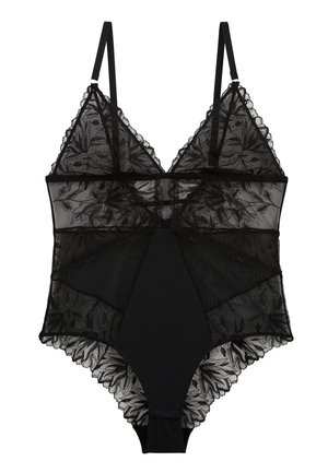 Body en dentelle noire avec motifs floraux, bretelles fines réglables et panneaux en mesh transparent, fermeture pressionnée à l’entrejambe.