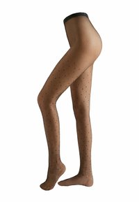 Pantys de red negros con patrones de diamantes y pequeños puntos negros dispersos. Cintura elástica en la parte superior para un ajuste seguro.