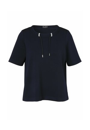 Marineblaues Kurzarmhemd mit rundem Ausschnitt und vorderem Kordelzug-Detail, aus weichem, glattem Stoff gefertigt.