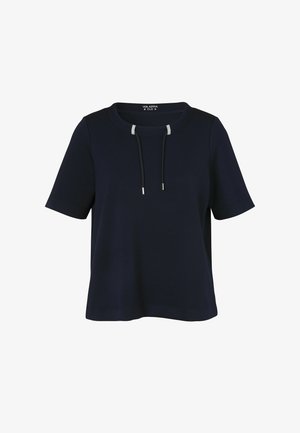 Marineblauw T-shirt met korte mouwen, een ronde hals en koorddetail aan de voorkant, gemaakt van zachte, gladde stof.