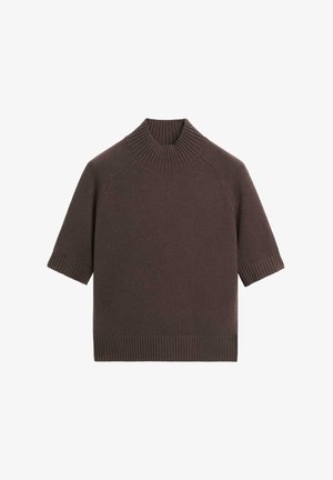 Brun kortærmet strikket trøje med ribstrikket høj hals, ærmekanter og kant, vist på hvid baggrund.