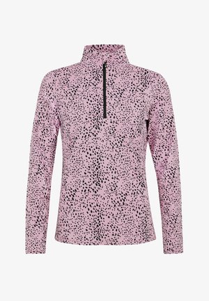 Dugmad s dugim rukavima u svijetlo roza boji s crnim mrljastim uzorakom i stojećim ovratnikom s prednjim zipom. Meka tekstura tkanine.