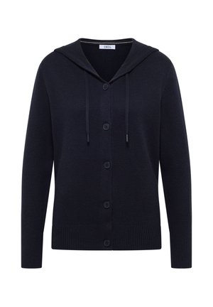 Marine cardigan med hætte, seks knapper og snøre detalje. Blød tekstur med ribbet kant og manchetter. Lavet af letvægtsstof.