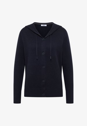 Marinefarbener Cardigan mit Kapuze, sechs Knöpfen und Kordelzugdetails. Weicher Stoff mit geripptem Saum und Bündchen. Aus leichtem Material gefertigt.