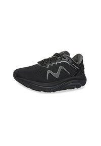 Zapatilla deportiva negra con parte superior de malla transpirable, cuello acolchado, suela curva y diseño en zigzag gris de contraste en el lateral.