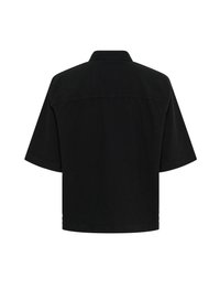 Black short-sleeve shirt with a relaxed fit, featuring a classic collar, back yoke, and no visible patterns or accents.
