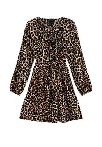 Leopardprint jurk met lange mouwen, geplooide halslijn en strikceintuur. Gemaakt van lichte stof met een zachte textuur.