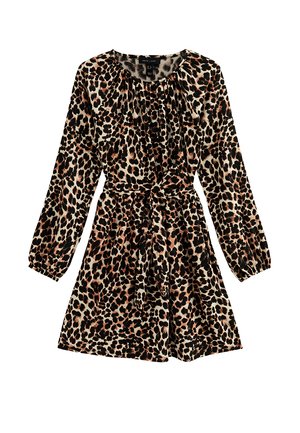 Vestido de estampado de leopardo con mangas largas, escote fruncido y cintura con lazo. Fabricado en tejido ligero con una textura suave.