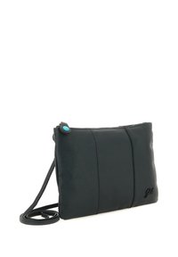 Borsa a tracolla in pelle nera con finitura testurizzata, chiusura con cerniera e un bottone accentato turchese. Presenta una forma sottile e rettangolare.