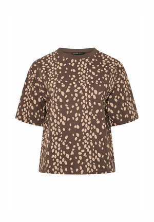 Bruin overhemd met korte mouwen, ronde hals en een onregelmatig patroon van beige ovale vlekken over de hele stof.