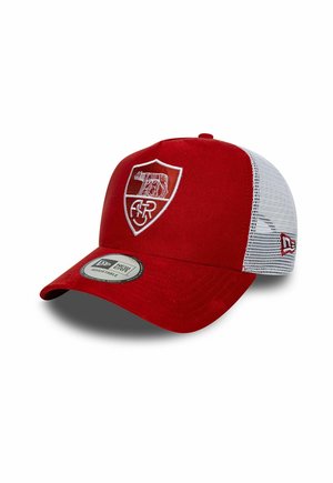 Red and white mesh baseball cap with a stitched shield logo featuring a wolf and letters on the front and an adjustable strap.