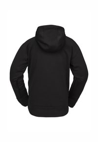 Schwarzer Kapuzenpullover mit strukturierter Oberfläche. Mit langen Ärmeln, elastischen Bündchen und einer Kapuze mit Kordelzug. Rückansicht dargestellt.