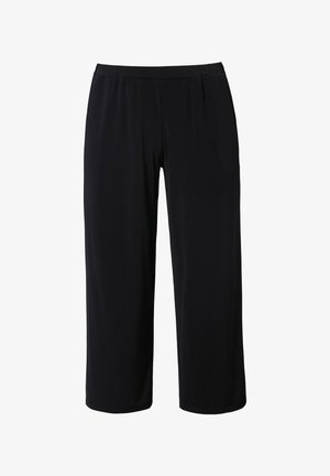 Zwarte wijde broek met een elastische tailleband, gemaakt van zachte stof, met een gladde textuur en zonder zichtbare patronen of versieringen.