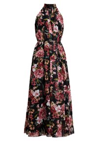 Robe maxi noire à fleurs avec un col halter. Présente de grandes fleurs roses et rouges, une taille cintrée et une texture fluide et transparente.