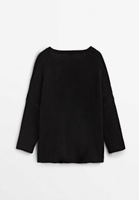Black knitted sweater with a relaxed fit, featuring long sleeves, a wide neckline, and varying textures on the body and sleeves.