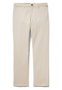 Beiga bomullschinos med rak passform, med sidofickor, knäppning med knapp och en subtil orange detalj på midjebandet.
