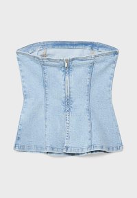 Corset en denim bleu clair avec fermeture éclair à l'avant et coutures verticales, conçu pour épouser étroitement le torse.