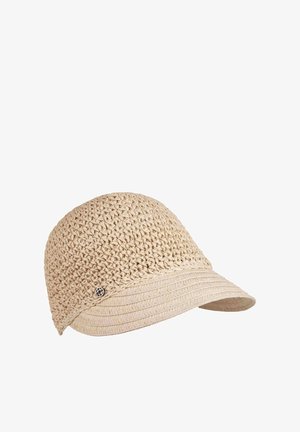 Bonnet en crochet beige avec une couronne arrondie et un large bord tissé. Présente un accent métallique subtil sur le côté pour plus de détail.