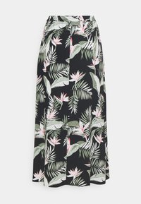 Jupe noire avec un motif de feuilles tropicales et de fleurs roses, avec une taille élastique et une coupe fluide mi-longue.