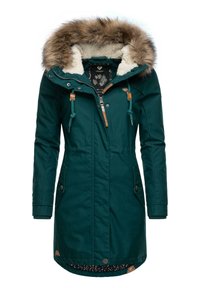 Teal parka jacket with faux fur hood, zip front, and drawstring accents. Features two side pockets and patterned lining. Durable fabric texture.