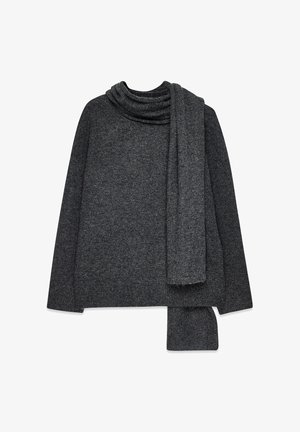 Tumehall oversized kudumisvest koos kapuutsiga ja sobiva salliga, millel on tekstureeritud viimistlus ja sirged varrukad.
