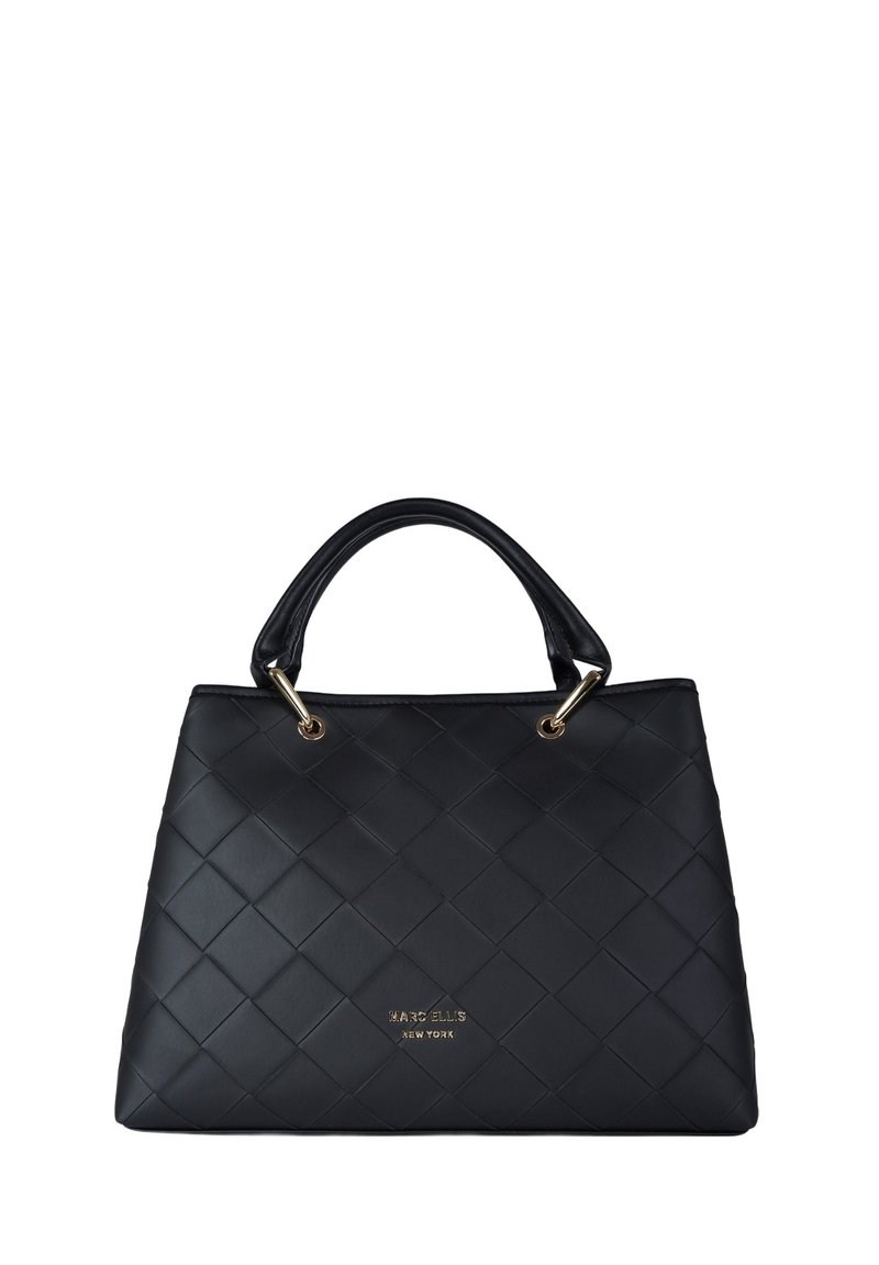 Borsa trapuntata nera in pelle sintetica con ferrature color oro. Presenta doppi manici arrotondati e una forma strutturata.